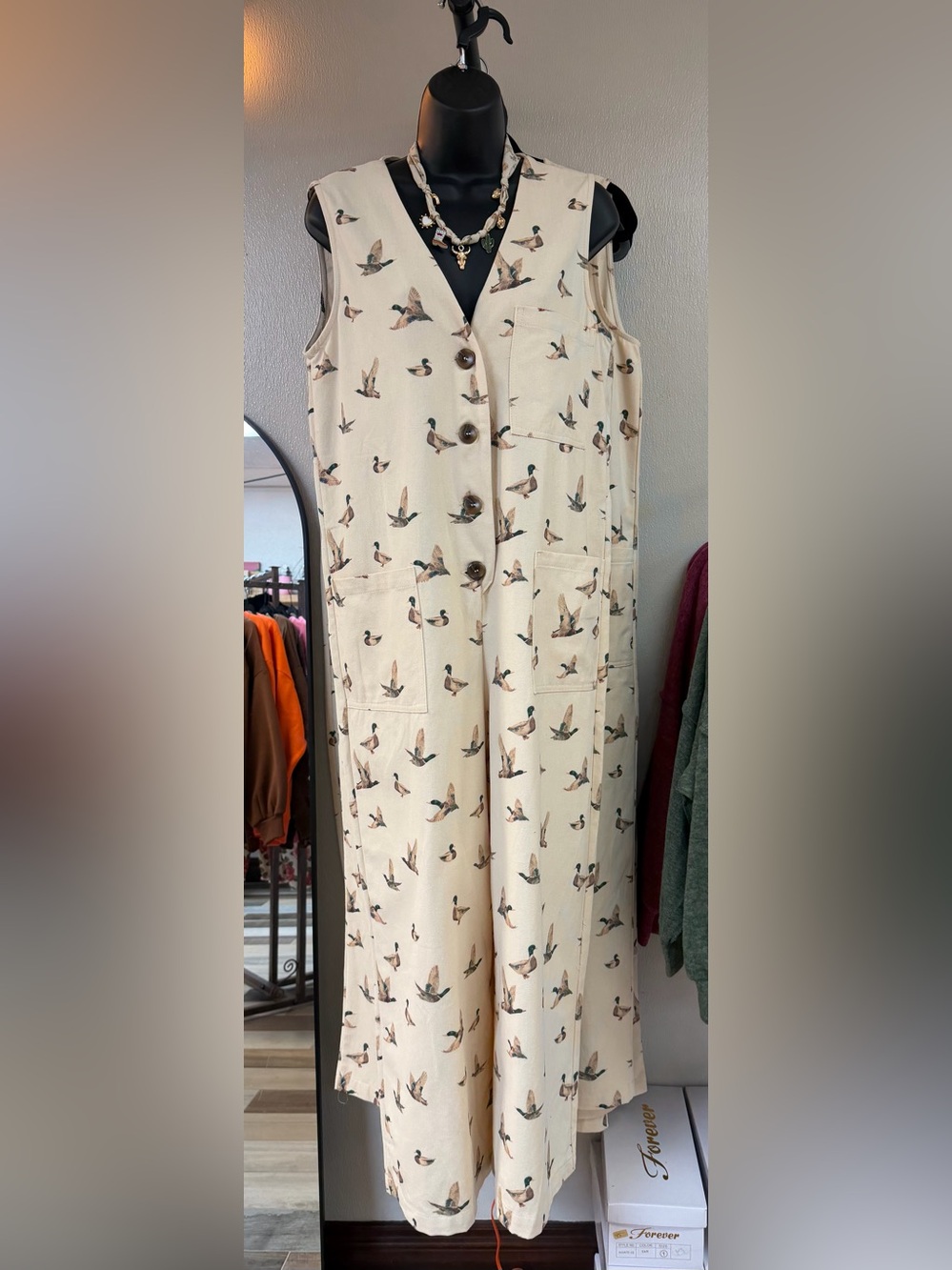Cream Duck-Print Wide-Leg Jumpsuit